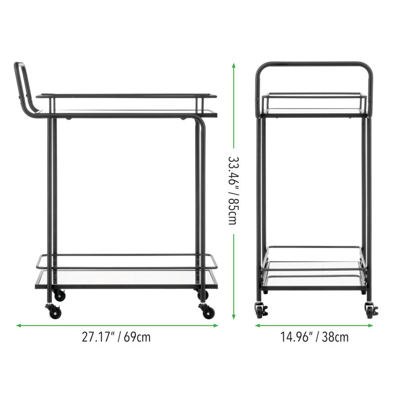 Elegant Black Metal Rectangular Bar Cart with Glass Shelves and Wine Rack