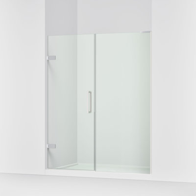 Une porte de douche pivotante sans cadre de l In58 po X H 71 1/2 po avec une porte de douche verticale de 3/8 po et des poignées de porte verticales dos à dos.