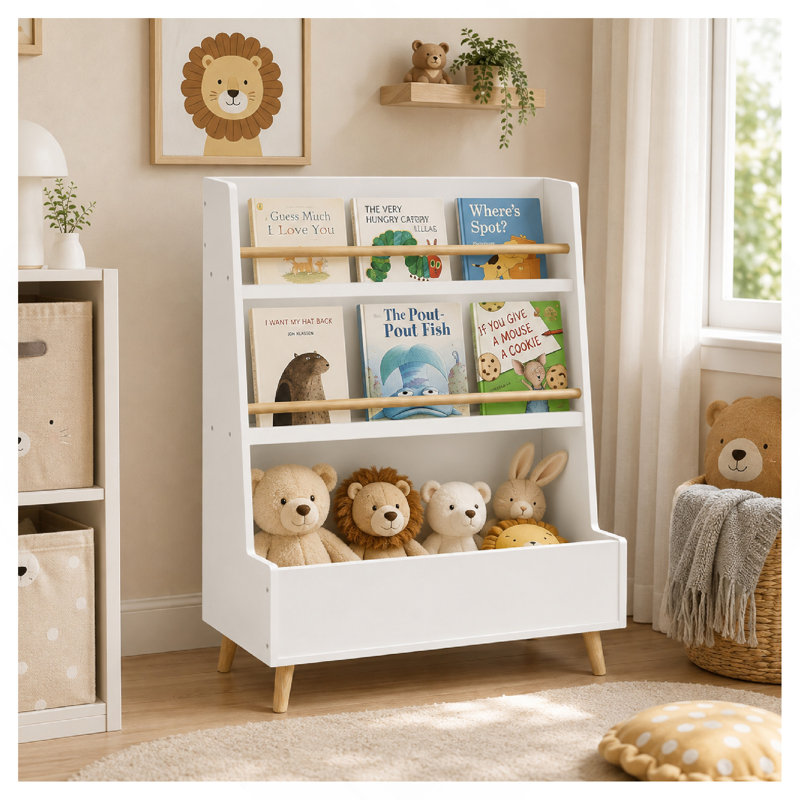 Bibliothèque pour enfants, porte-revues et livres, organisateur de livres, armoire de rangement pour jouets, blanc