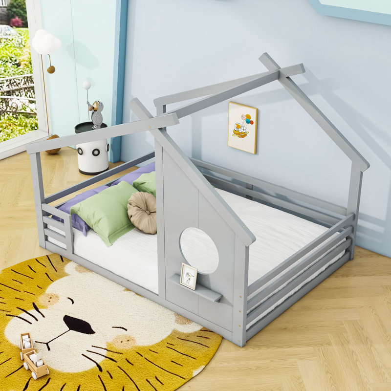 Lit maison avec fenêtre et tablette, rails, Gris, Double