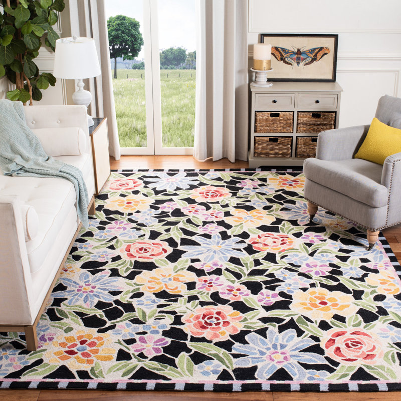 Tapis noir en laine crocheté à la main Hollander, Rectangle 6 pi x 9 pi