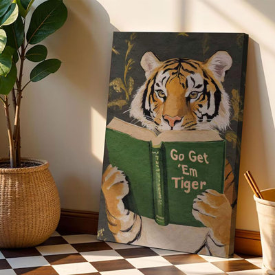 Vintage Reading Canvas Wall Art Go Get Em Tiger Picture Funny Animal Reading Book Motivational Poster Print Bookworm Painting Wall Decor For Library Bedroom Apartment 12X16in Framed