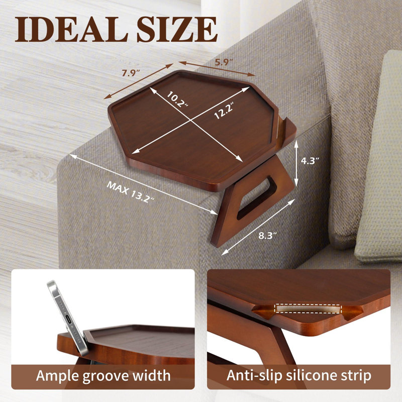 Couch Arm Tray, Sofa Armrest Table, Foldable Sofa Armrest Tray For Drinks & Snacks, Stable Clip-On Side Desk For Living Room Essentials, (Brown)