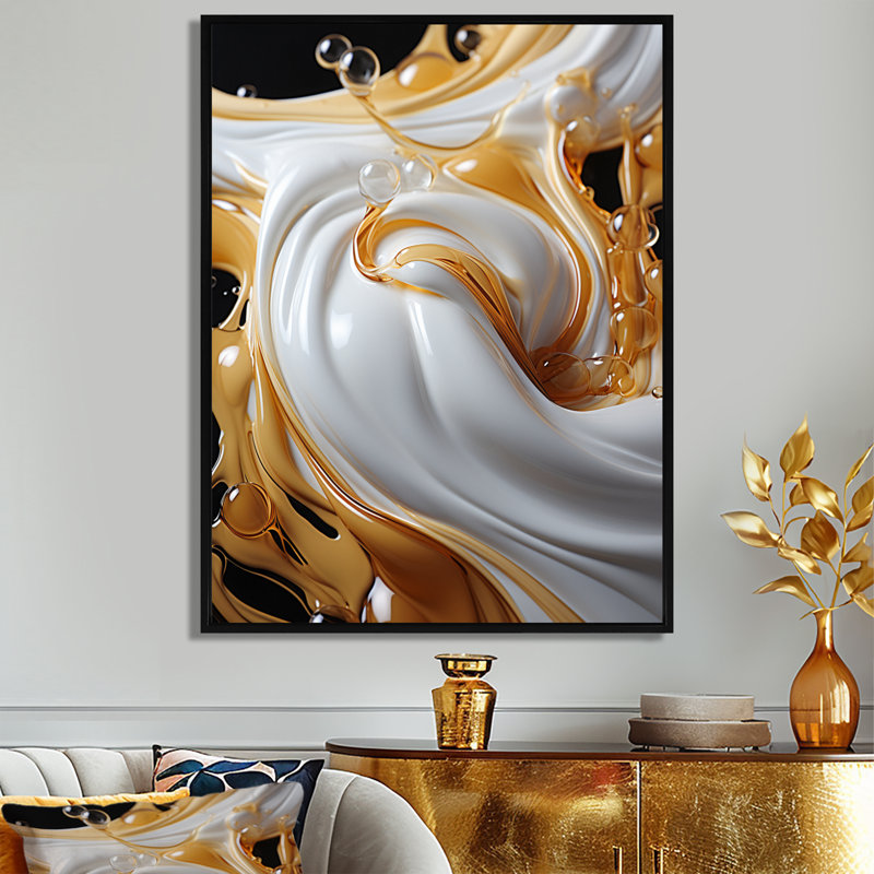 «Flowing Golden Sunshine II», impression d'art abstrait à l'encre liquide, Toile avec cadre flottant noir