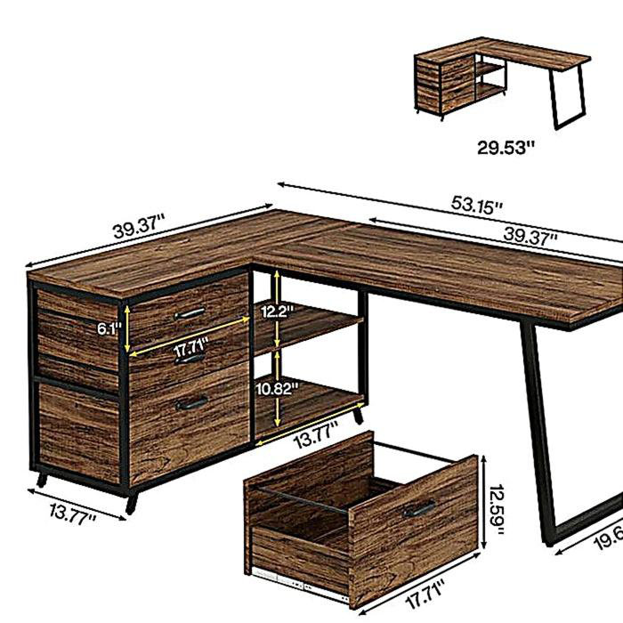 Bureau de travail spacieux, bureau d'ordinateur, bureau en L, Brun rustique / noir