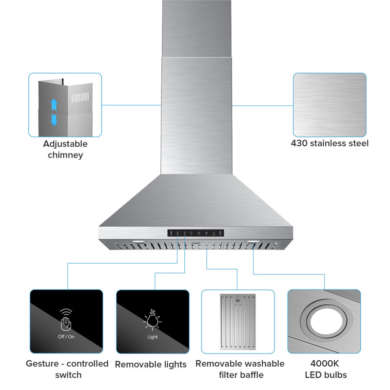 36'' Stainless Steel Convertible Wall Mount Range Hood with Charcoal Filter