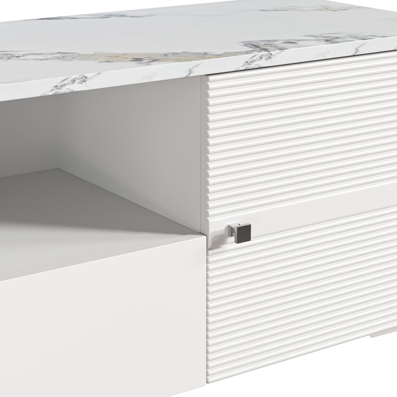 Ikesha Modern TV Stand with Faux Marble Top, White