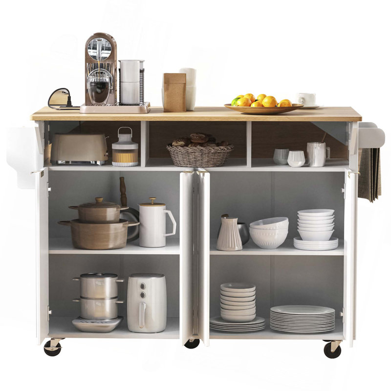 55.5" Fluted Kitchen Island With 2 Drop Leaf, Power Outlet, 4 Doors & Spice Rack, White/MDF