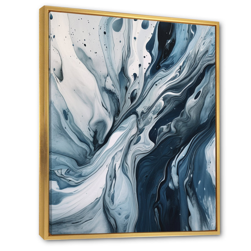 Bleu et gris Elixir éthéré III - art mural abstrait, Cadre flottant doré, H 44 po x l 34 po x P 1,5 po
