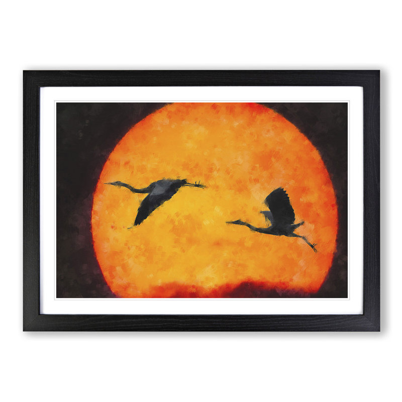 Two Heron Birds in Flight - Picture Frame Graphic Art Print, 62cm H x 87cm W x 2cm D, Black Framed