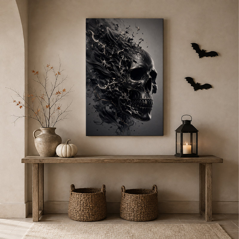 Impression sur toile gothique crâne noir se dissolvant en fumée et Halloween, H 48 po x l 32 po