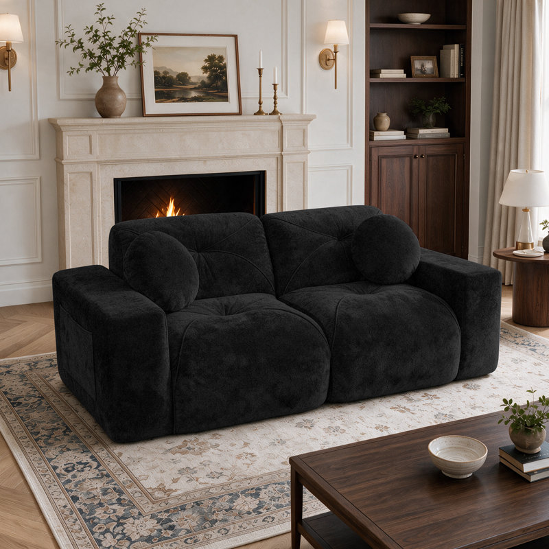 Canapé modulaire en velours sans os pour le salon sans assemblage requis, Noir, 30" H x 82" W x 36" D