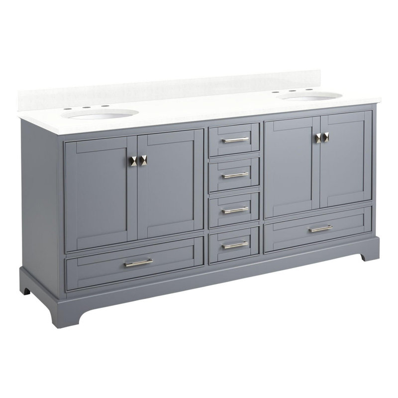 Quen 72" Freestanding Double Basin Vanity Set with Cabinet, Vanity Top, and Oval Undermount Sinks, Feathered White Quartz