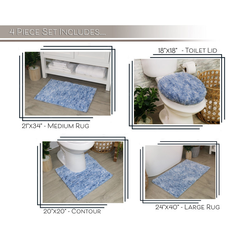 Royal 4-Piece Microfiber Bath Rug Set, Non-Slip Rubber Backing, Quick-Dry, Ultra-Absorbent, Soft Plush Bathroom Mats, Machine Washable Rugs for Shower, Tub, Sink, Toilet, and Bathroom Floors, Blue