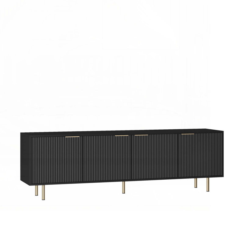 Avalie TV Stand for TVs Up to 75", Media TV Console Table with Striped Door, 3 Storage Cabinets, Black