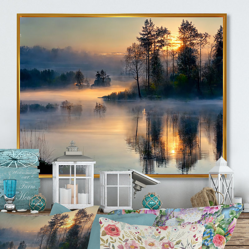Rasheed matin brouillard au-dessus du lac coucher de soleil II - art mural lac, Cadre flottant doré