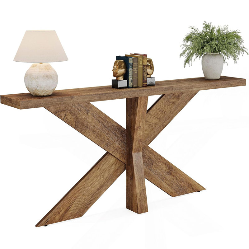 70.9" Long Farmhouse Console Table, Oak Brown Sofa Table Behind Couch With Geometric Wooden Base, Entryway Hallway Accent Table For Living Room