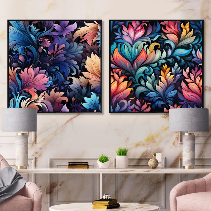 Dutil - Ensemble de 2 collages carrés botaniques abstraits, Cadre flottant noir, H 16 po x l 33 po