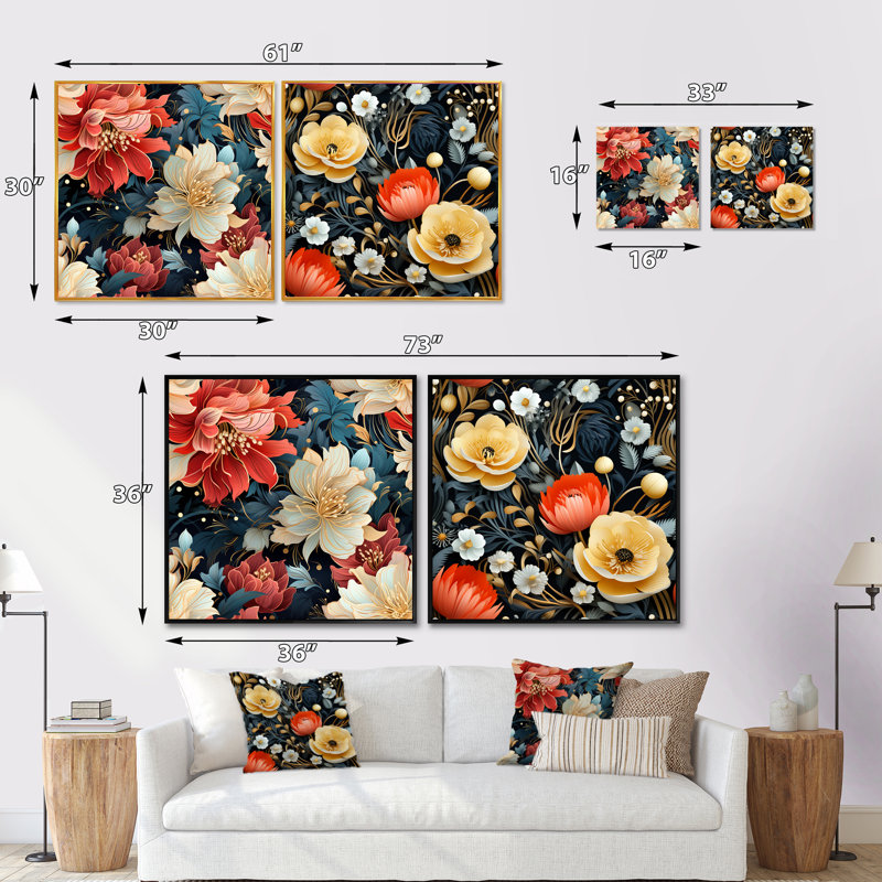Ensemble de 2 collages floraux rouges et dorés à fusion contemporaine, H 36 po x l 73 po, Toile tendue