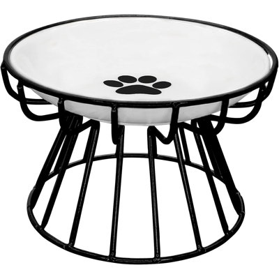 Bol surélevé en céramique pour chat avec support en métal, lavable au lave-vaisselle, plat pour animaux de compagnie surélevé antidérapant (noir, motif de patte)