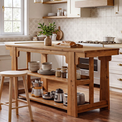 63-Inch Solid Wood Kitchen Island with Storage Shelves, Farmhouse Island Table Counter Height Bar Table