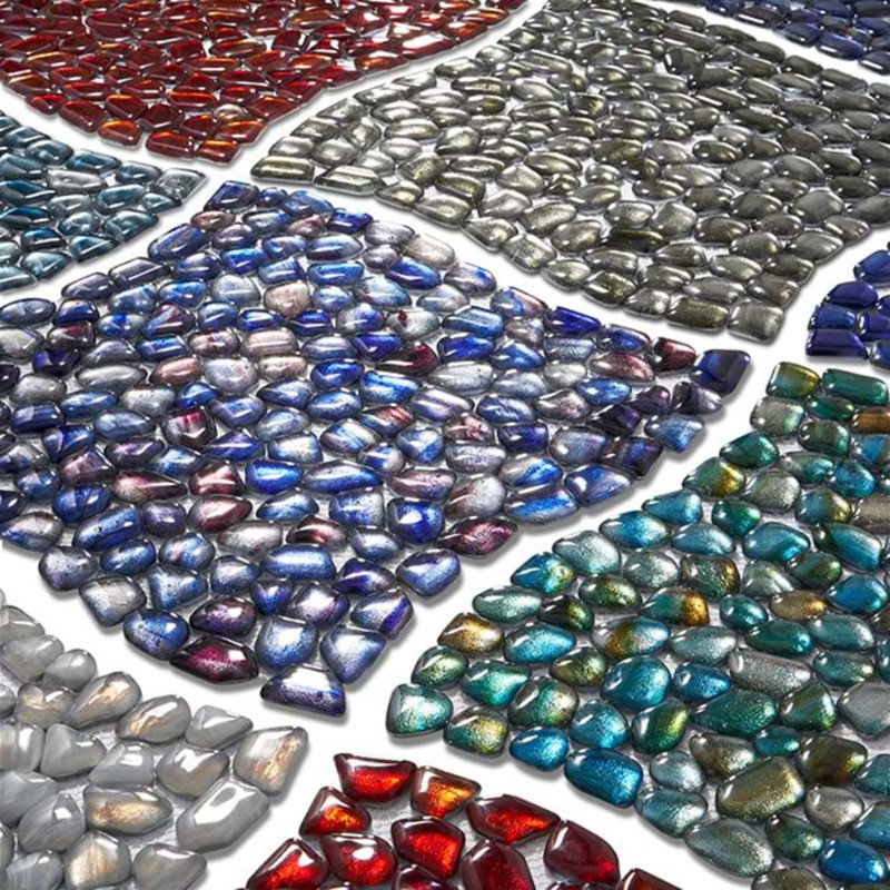 Komorebi Pebble Mineral Ice Gray Polished Glass Mosaic Tile, Athens Blue