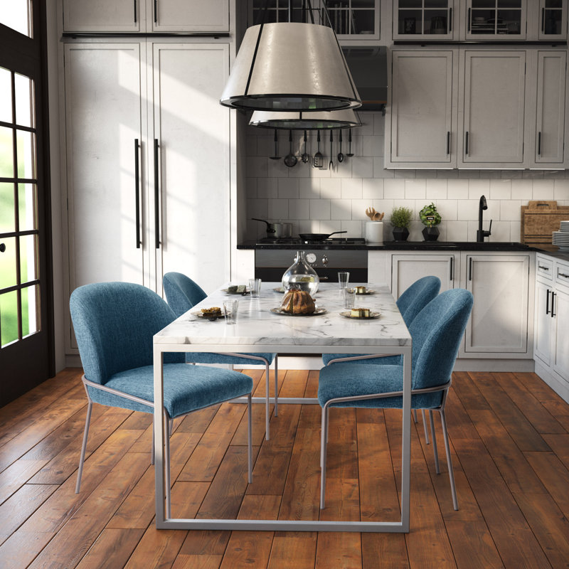 High Back Upholstered Dining Chairs with Metal Legs, Blue