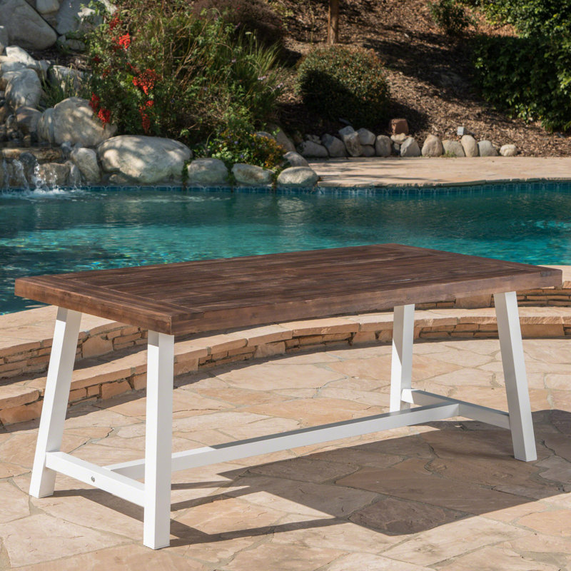 Table de salle à manger d'extérieur en bois et structure en métal rustique blanc, finition brun foncé, 29,5 po de hauteur, 70,0 po de largeur, 35,06 po de profondeur, 300 lb de capacité, pièces d'assemblage