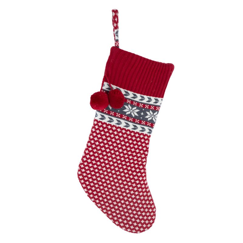 12X25"Red/Gray/White Snowflake Pattern Knit Stocking W/Pom Pom
