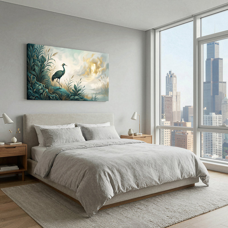 Toile grue bleu sarcelle au milieu de roseaux, L 40 po x H 20 po
