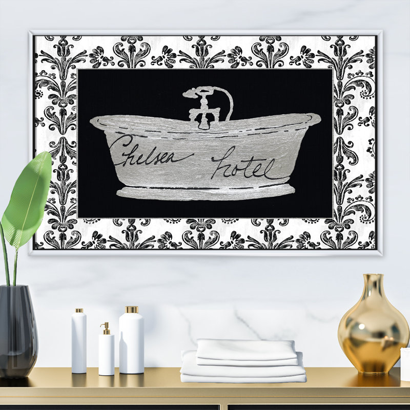 Paris Hotel Bathroom II - Imprimé, Toile encadrée flottée blanche, H 16 po x l 32 po x p 1 po