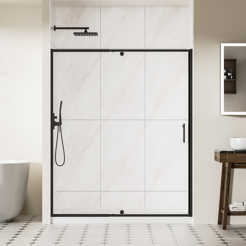Porte de douche à cadre 60 po x l 71 po, porte de douche pivotante en verre trempé transparent de 6 mm, porte de douche battante avec cadre réglable en aluminium au fini noir mat