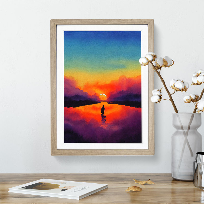 Sunset Watercolour No.3 - Single Picture Frame Painting, 34cm H x 25cm W x 2cm D, Oak