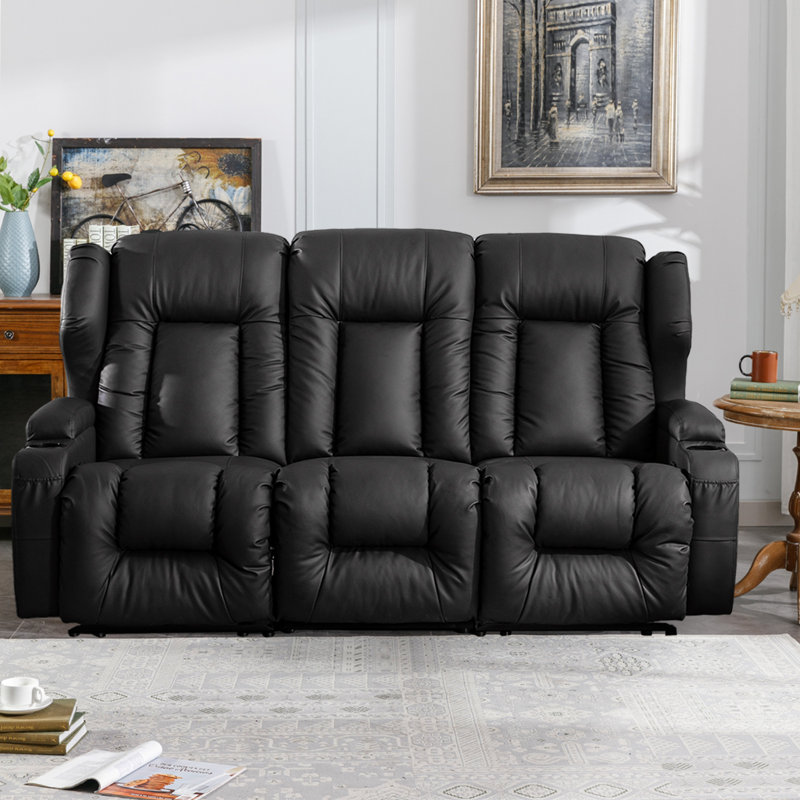 76.7'' Faux Leather Reclining Sofa, Black Faux leather