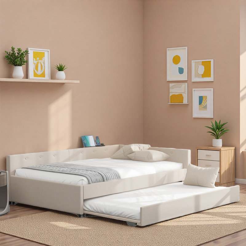 Lit plateforme tapissier moderne avec USB et lit gigogne, Lit double