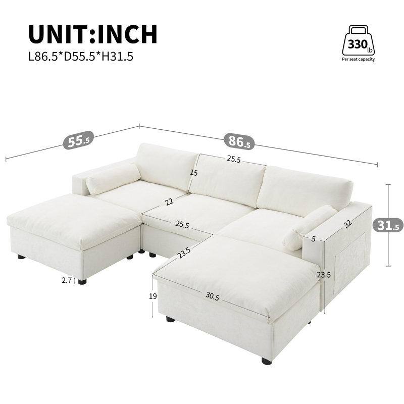 Canapé modulaire 86,5 po en forme de U avec poches de rangement et 2 repose-pieds mobiles, canapé en nuage de chenille 5 places