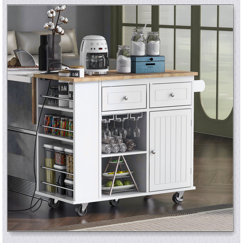 Kitchen Island with Power Outlet,Kitchen Storage Island with Drop Leaf and Rubber Wood, White