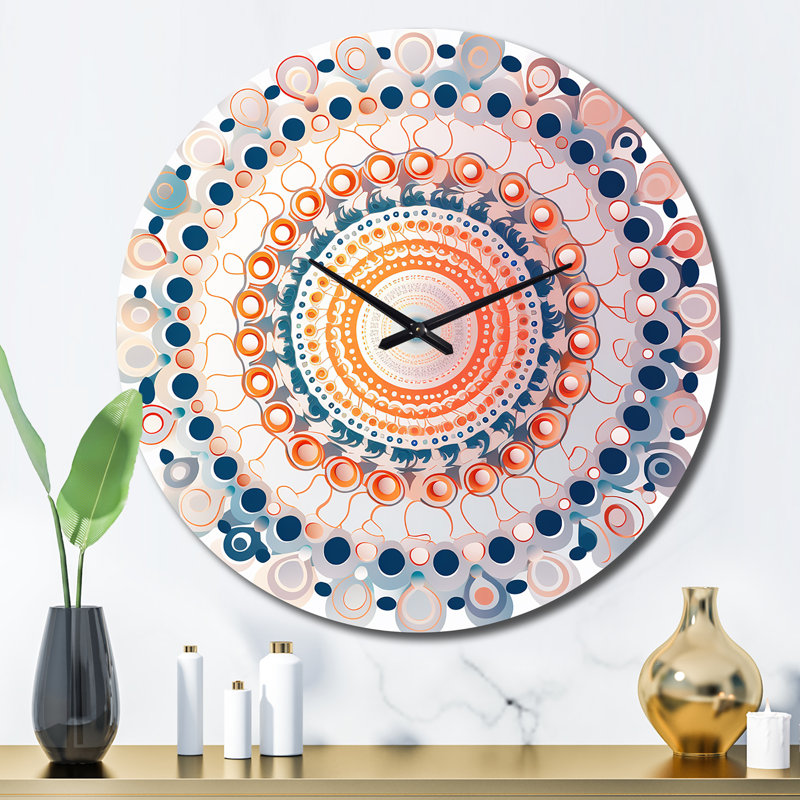 Horloge murale boho mandala rétro en métal bleu et orange, Grand