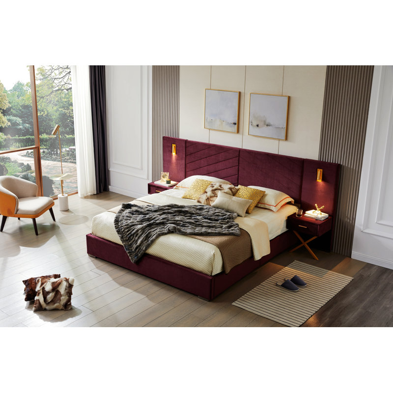 Lit de chambre à coucher, cadre de lit, lit plateforme tapissier avec tête de lit, Queen, Red