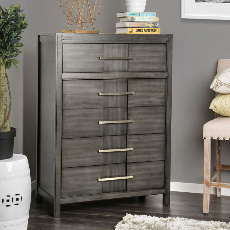 Commode de style transitionnel 1 pièce à queue d'aronde anglaise à 5 tiroirs avec roulement à billes et tiroir gris