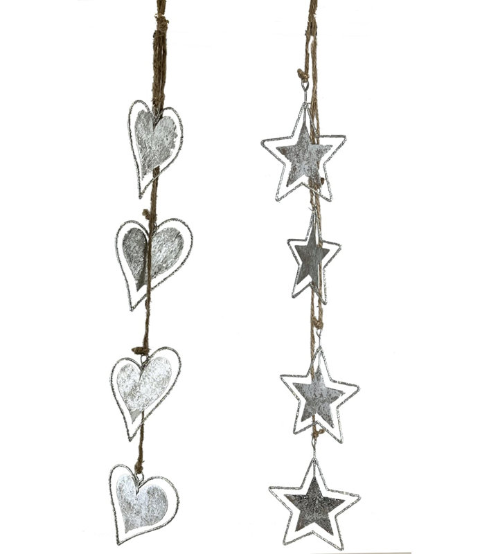 Set of 2 Silver Hanging Heart and Star Decorations