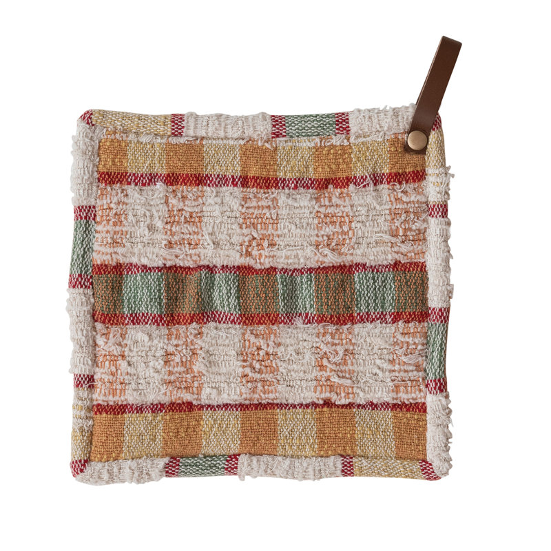 Woven Cotton & Wool Striped Pot Holder W Leather Loop