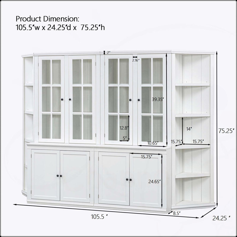 Ensemble mural rétro-moderne avec portes en verre et tablettes latérales, parfait pour un rangement élégant et une présentation dans n'importe quelle pièce