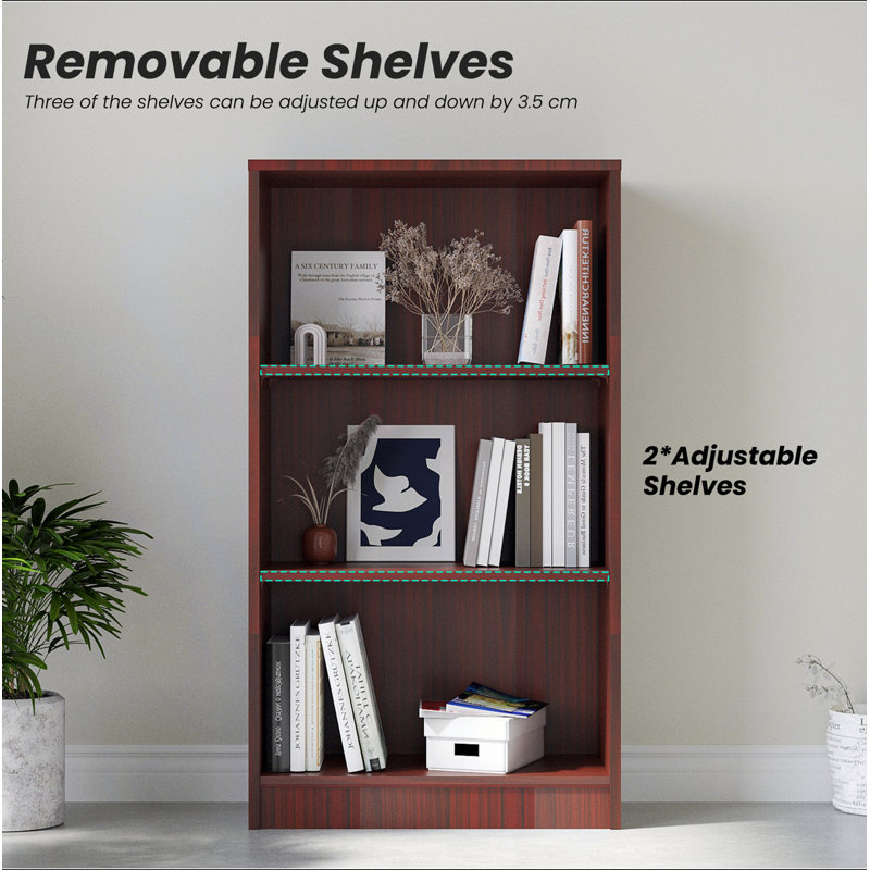 Bibliothèque autoportante à 3 tablettes en bois réglables pour bureau à domicile, 3 couches, acajou