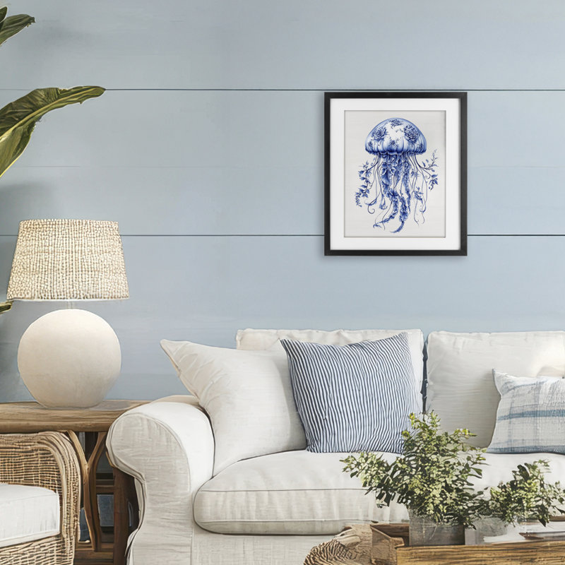 «Funky Toile Jellyfish», reproduction encadrée sous verre encadrée, Cadre noir minuit, H 16 po x l 13 po