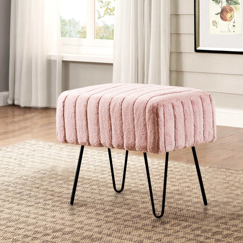 Defranco Upholstered Ottoman, Rose Smoke Faux Fur