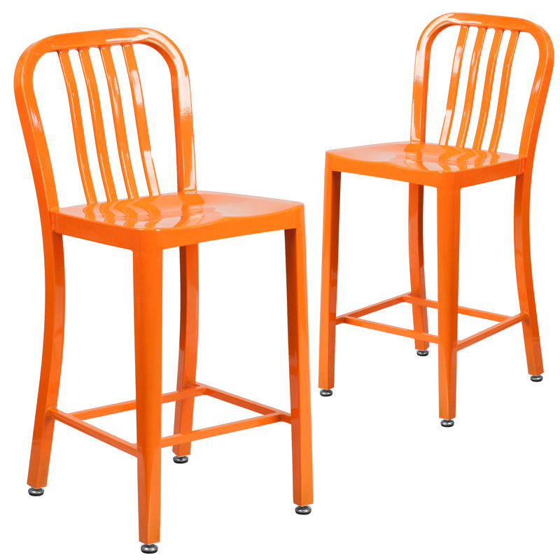 Indoor/Outdoor Commercial Grade Metal Modern Barstools (Set of 2) by Flash Furniture, Orange, Counter Stool (24" Seat Height)