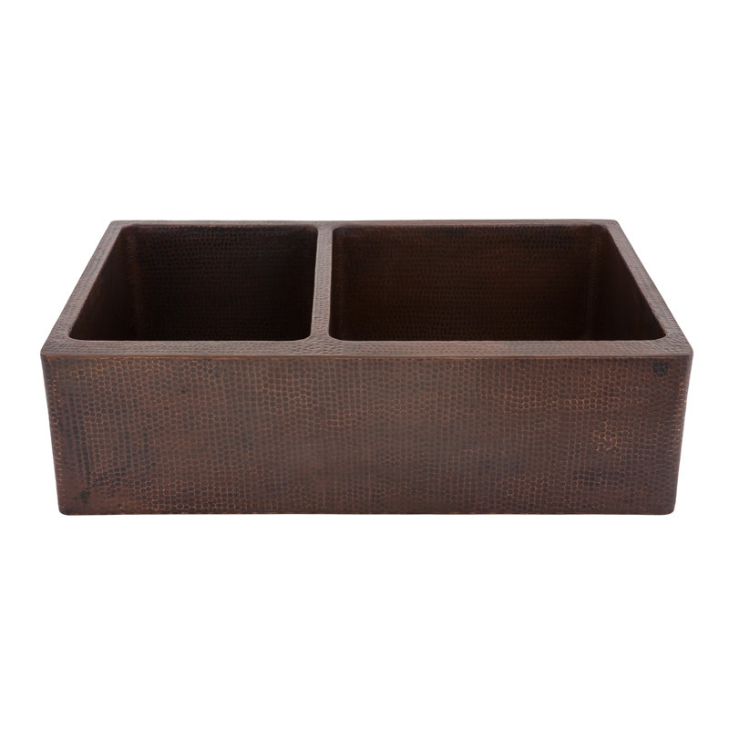 33" Hammered Copper Kitchen Apron 40/60 Double Basin Sink with Matching Drains, and Accessories