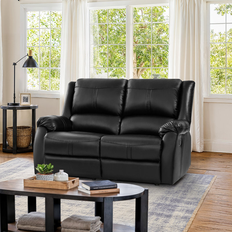 Jackson 59.4" Wide Modern And Upholstered Leather Manual Reclining Loveseat Sofa, 2-Seater Recliner Couch, Black