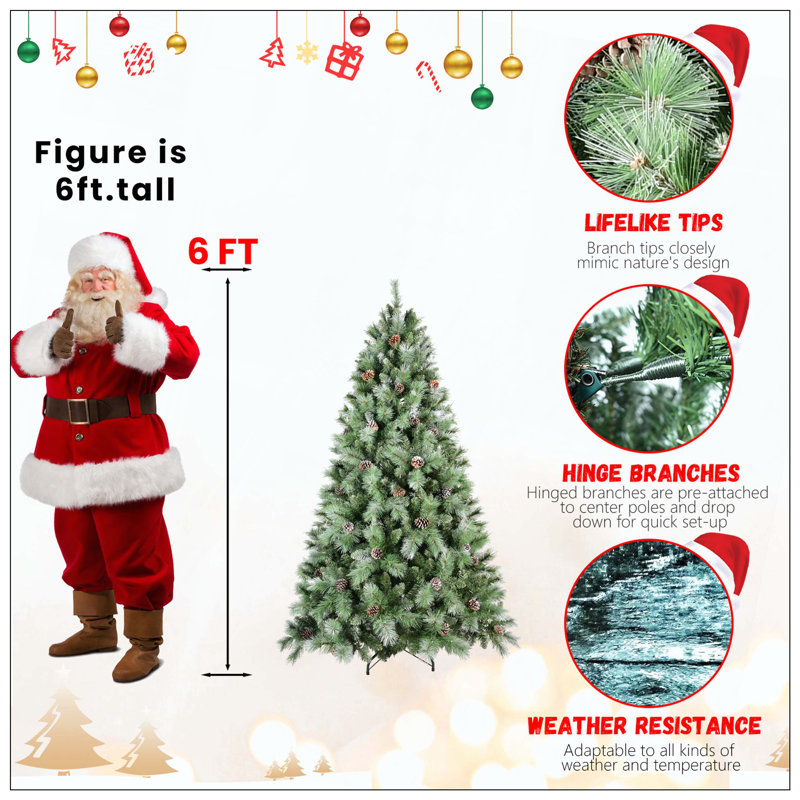 Arbre de Noël avec 51 pommes de pin - 694 pointes, branches mixtes en PVC et aiguilles dures, structure à charnières pour une installation facile, support en métal robuste, arbre de Noël réaliste